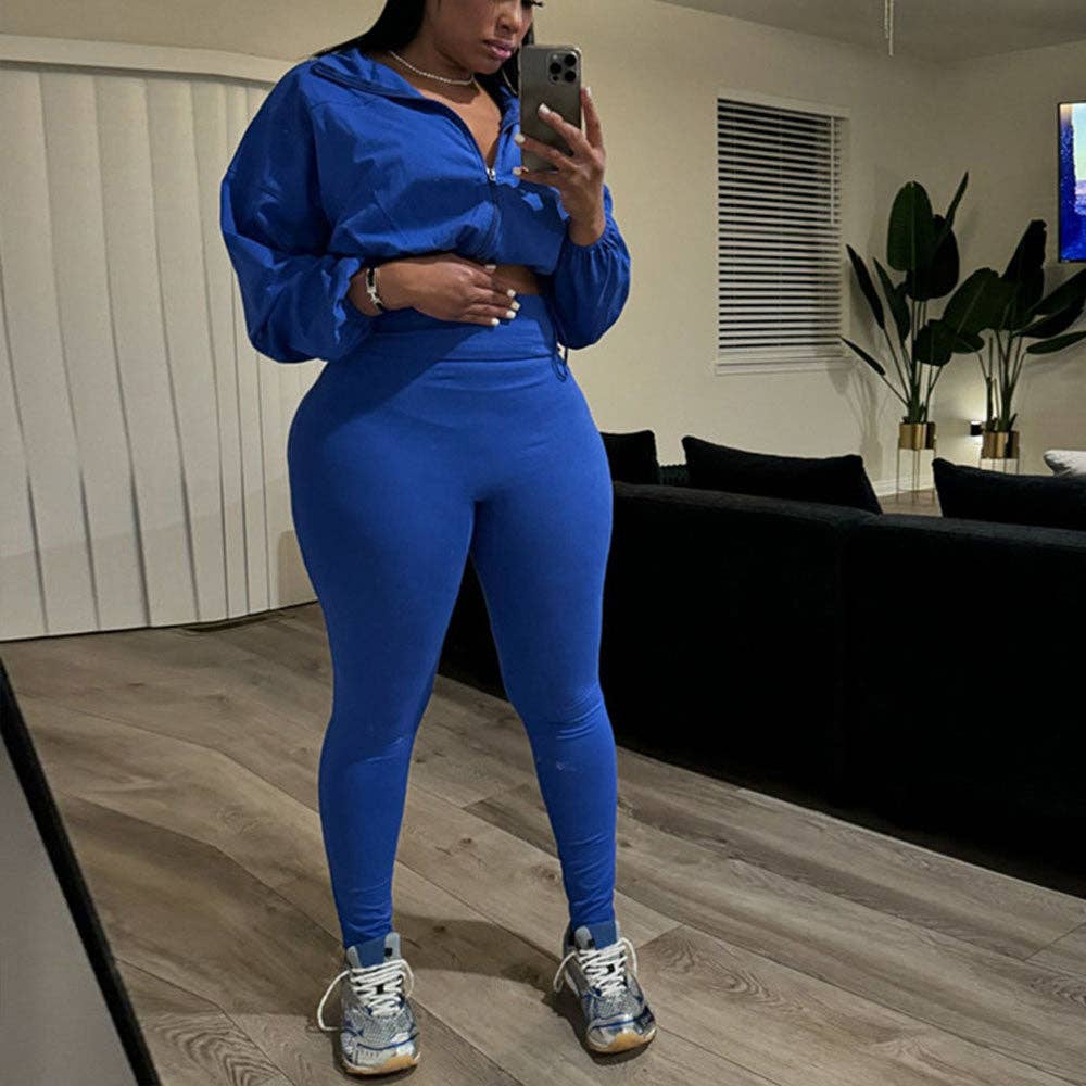 MB Fashion Wholesale - Wholesale Activewear Set - Women's - MB FASHION Zip-Up Crop Jacket & High-Waist Leggings Set 1552LY3