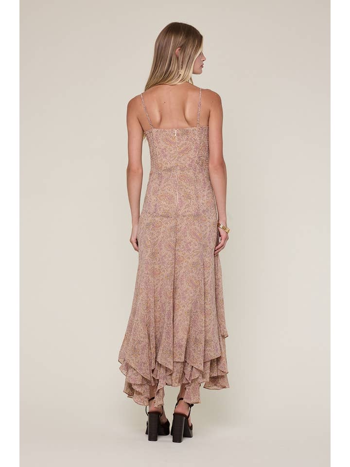 BELLEZZA BROWN PAISLEY HIGH-LOW RUFFLE DOWN MIDI DRESS for wholesale on Faire3