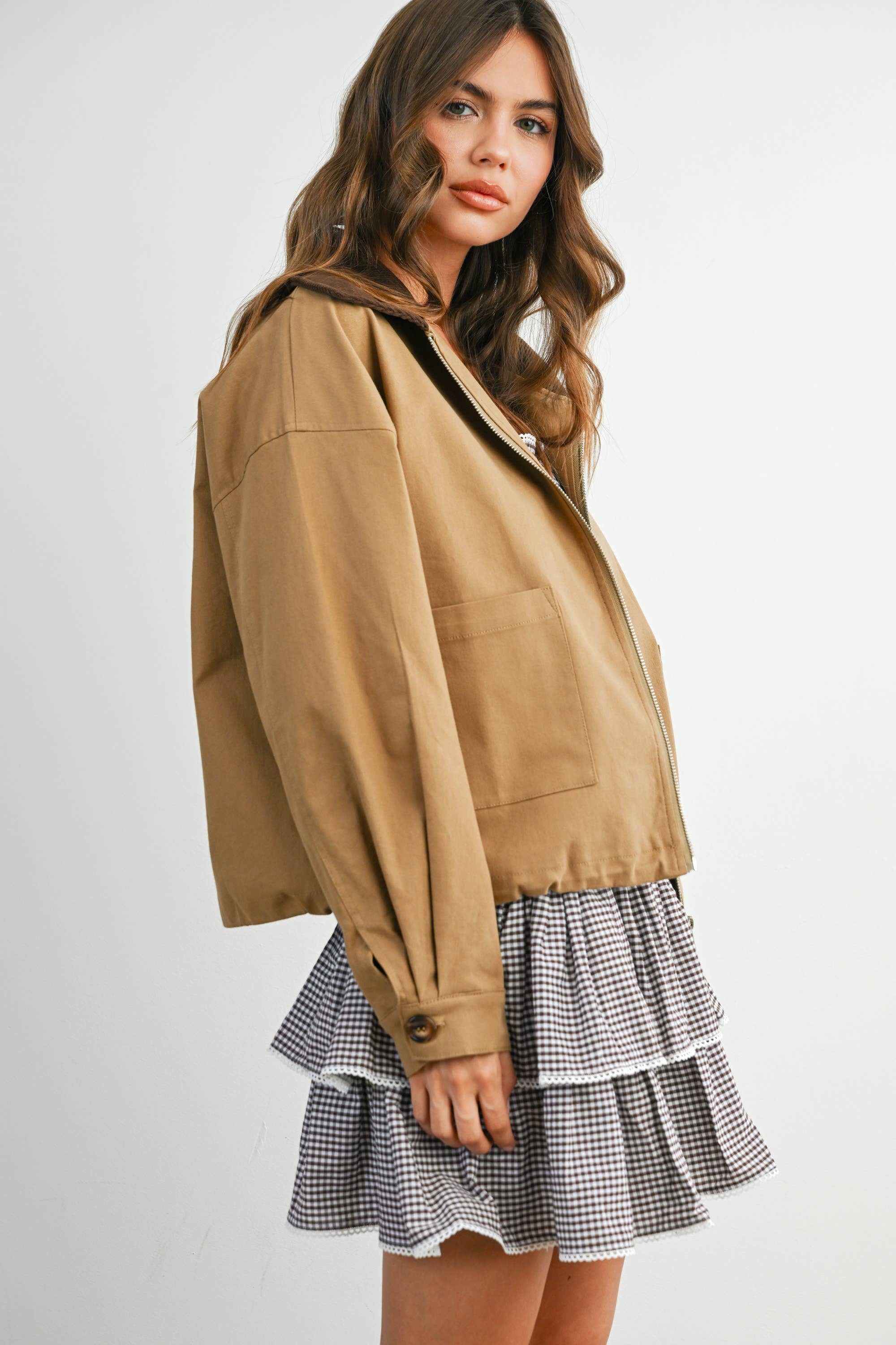 BUTTERMELON - Wholesale Jacket - Women's - Collared Zip-Up Drawstring Jacket - BMJ782522