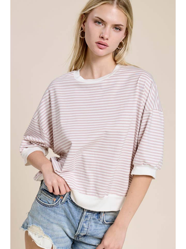 La Miel – Engroshandel Strikket top - Dame – MCT7688-løs pasform Stribet kortærmet top med rund halsudskæring36