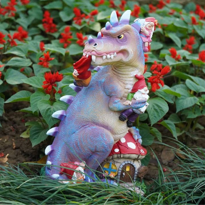 By Mark & Margot - Wholesale Garden Gnome - Dinosaur Swinging Gnomes Statue Purple with Plunger Gnome - BY MARK & MARGOT - FREE SHIPPING!