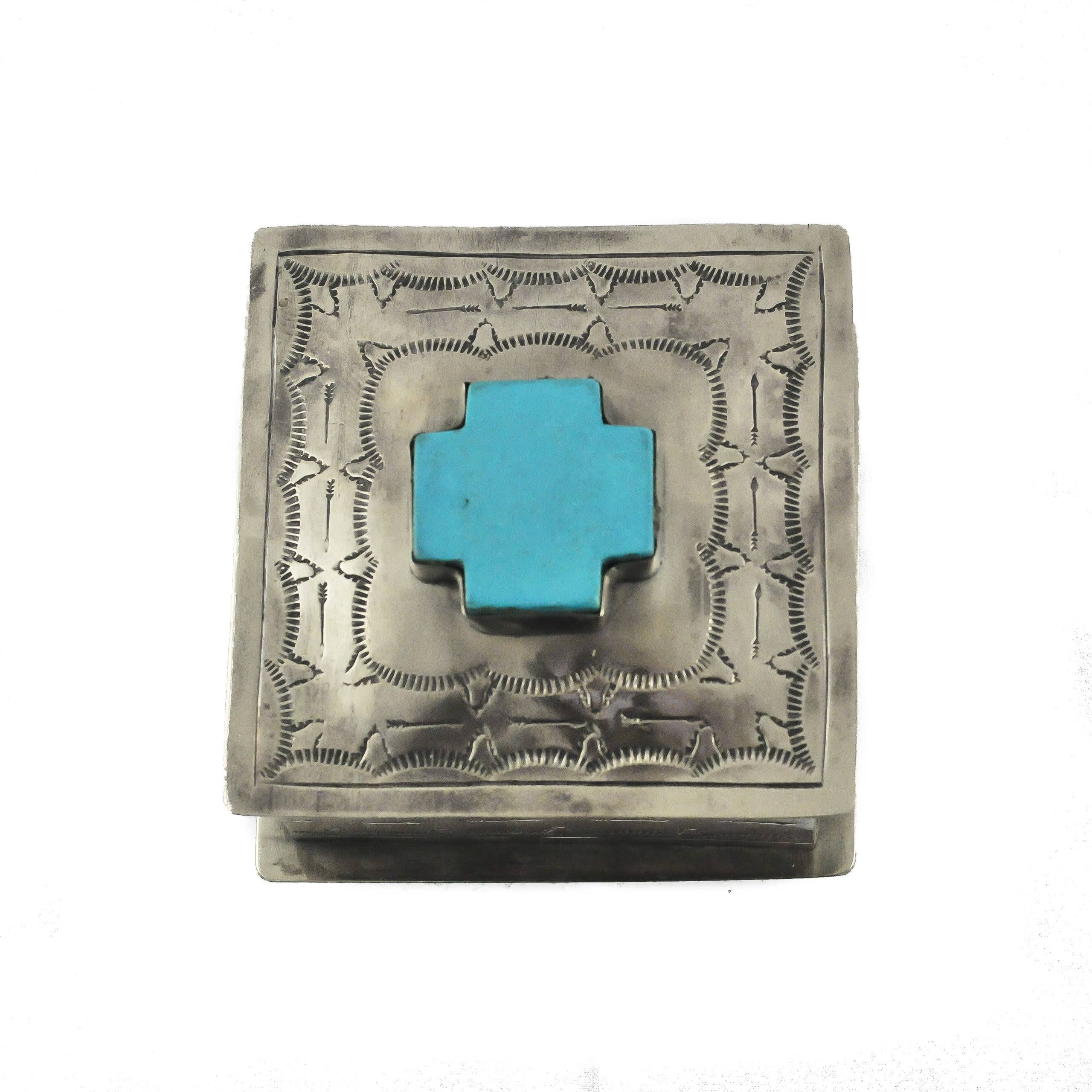 J.Alexander Rustic Silver - Wholesale Decorative Box - WJA-016-2-T  SQUARE STAMPED BOX W/ TURQ CROSS1