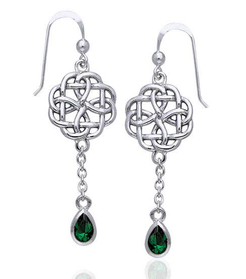 Silver Insanity - Wholesale Dangle Earrings - Sterling Silver Classic Irish Celtic Knot and Emerald-Green Glass Drop Earrings2