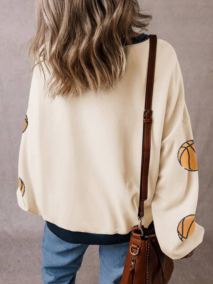 White Sequin Basketball Graphic Colorblock Edge Sweatshirt for wholesale on Faire