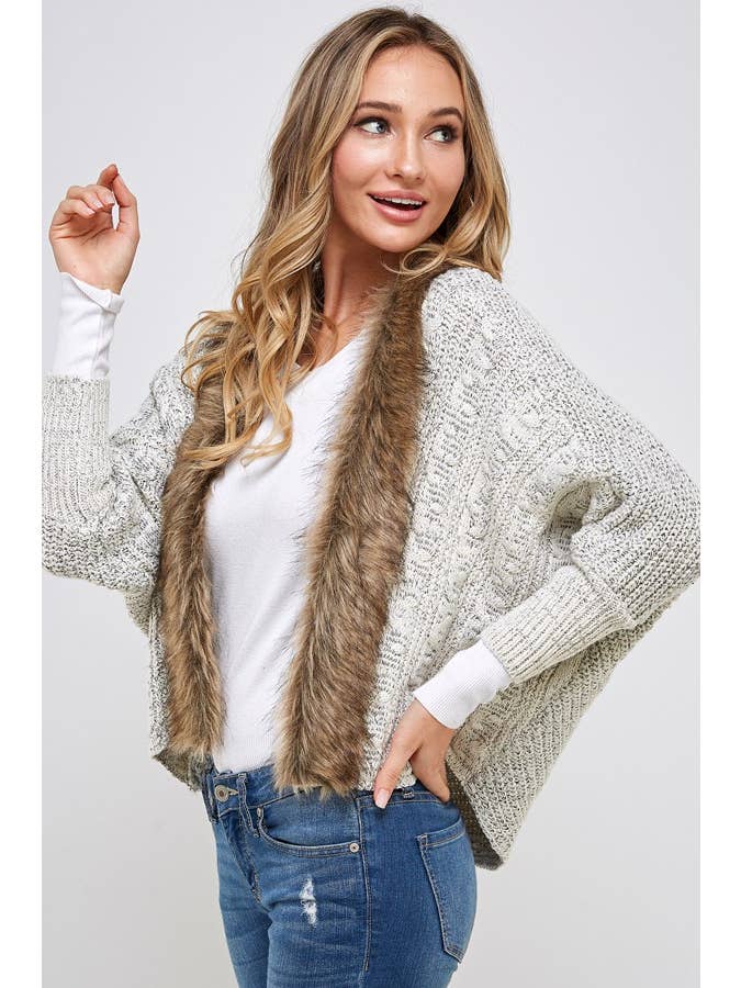 LT Grey PLUS Dolman sleeve cardigan with fur detail for wholesale on Faire