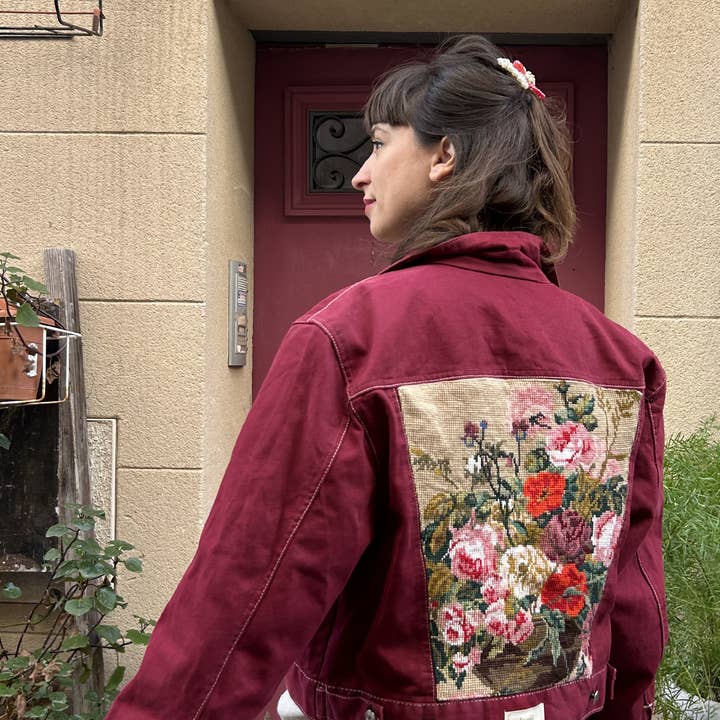 Upcycled denim jacket with vintage needlepoint and other Purchase Wholesale sustainable denim. Free Returns & Net 60 Terms on Faire trending on Faire.