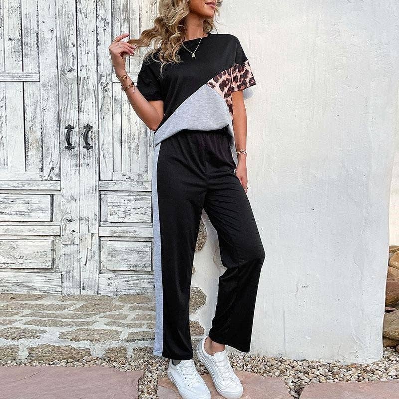 BLACK Colorblock Leopard Print T-Shirt Pants Set for wholesale on Faire1