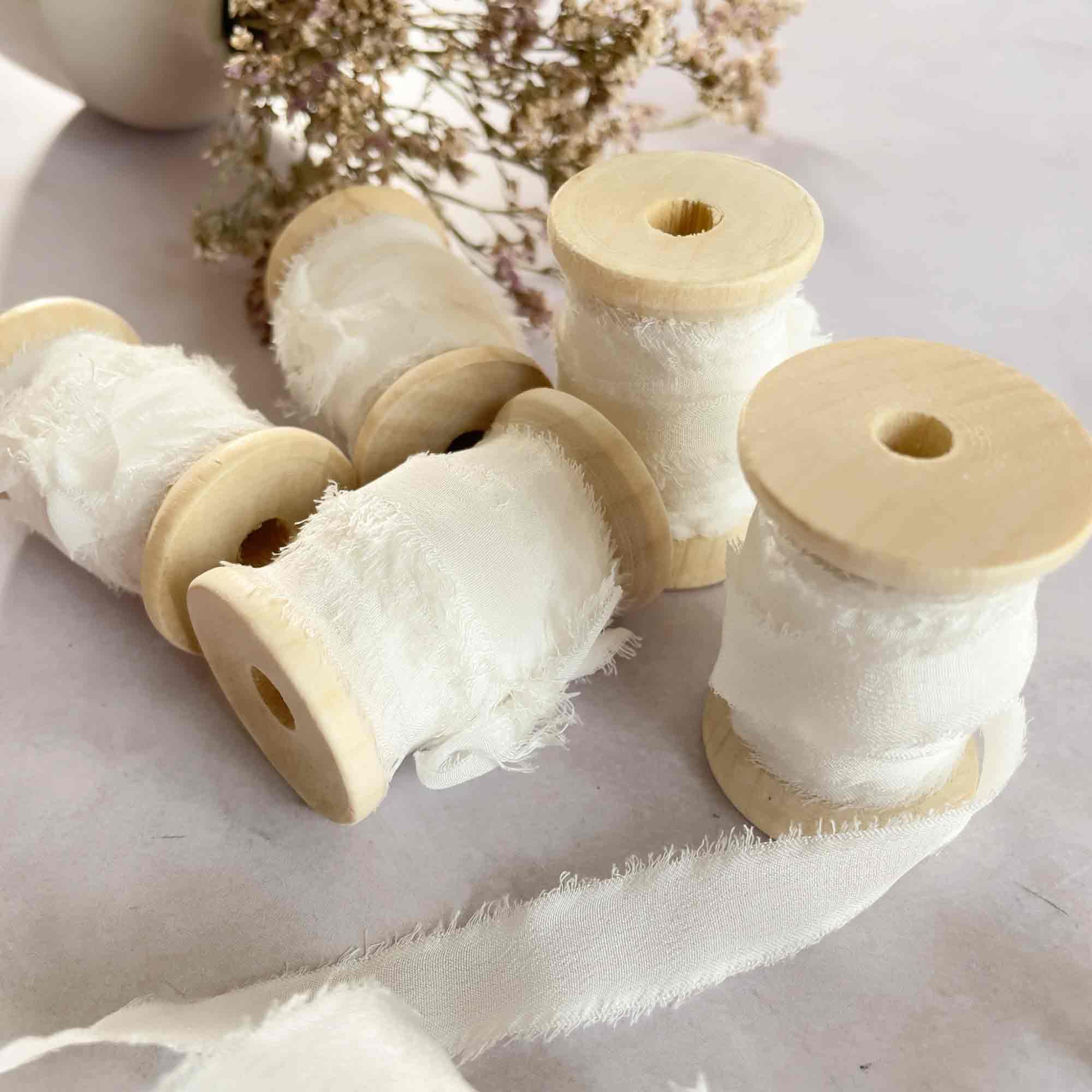 The Natural Paper Company – wholesale Ribbon – Gift wrapping – 10mm Silk Ribbon in White | 5 Metre on Wooden Reel 1