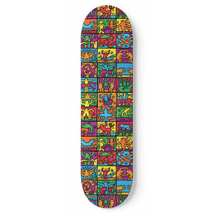 Keith Haring - 1989 Retrospect Mixed Design Art- Skateboard Wall Art for wholesale by SkateboardArtsy