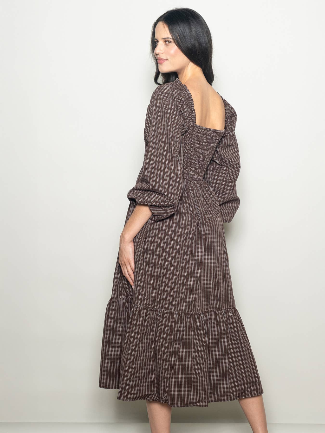 Elloh Collection - Wholesale Dress - Women's - Square Neck Checkered Plaid Smocked Chest Cotton Maxi Dress1