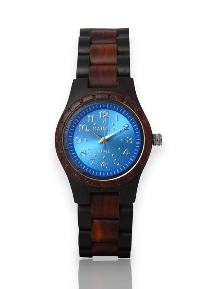 HANDMADE LADIES RED & BLACK SANDALWOOD WATCH BLUE FACE for wholesale by Hula Girl Products