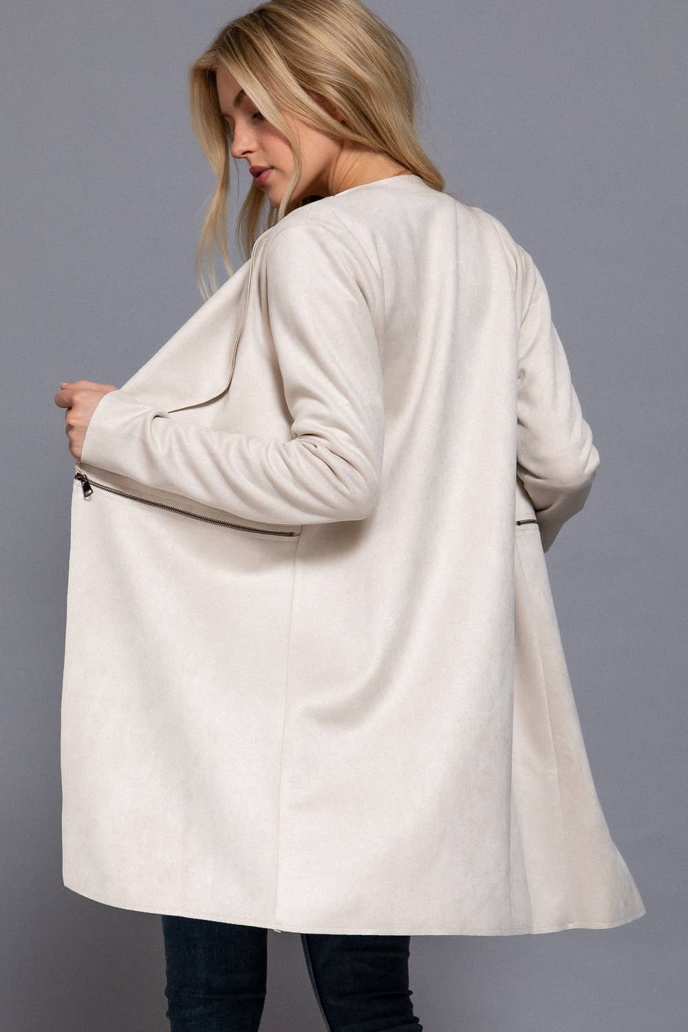 Active Basic | Active USA - Wholesale Jacket - Women's - Long Sleeve Front Two Zipper Detail Faux Suede Long Jacket18