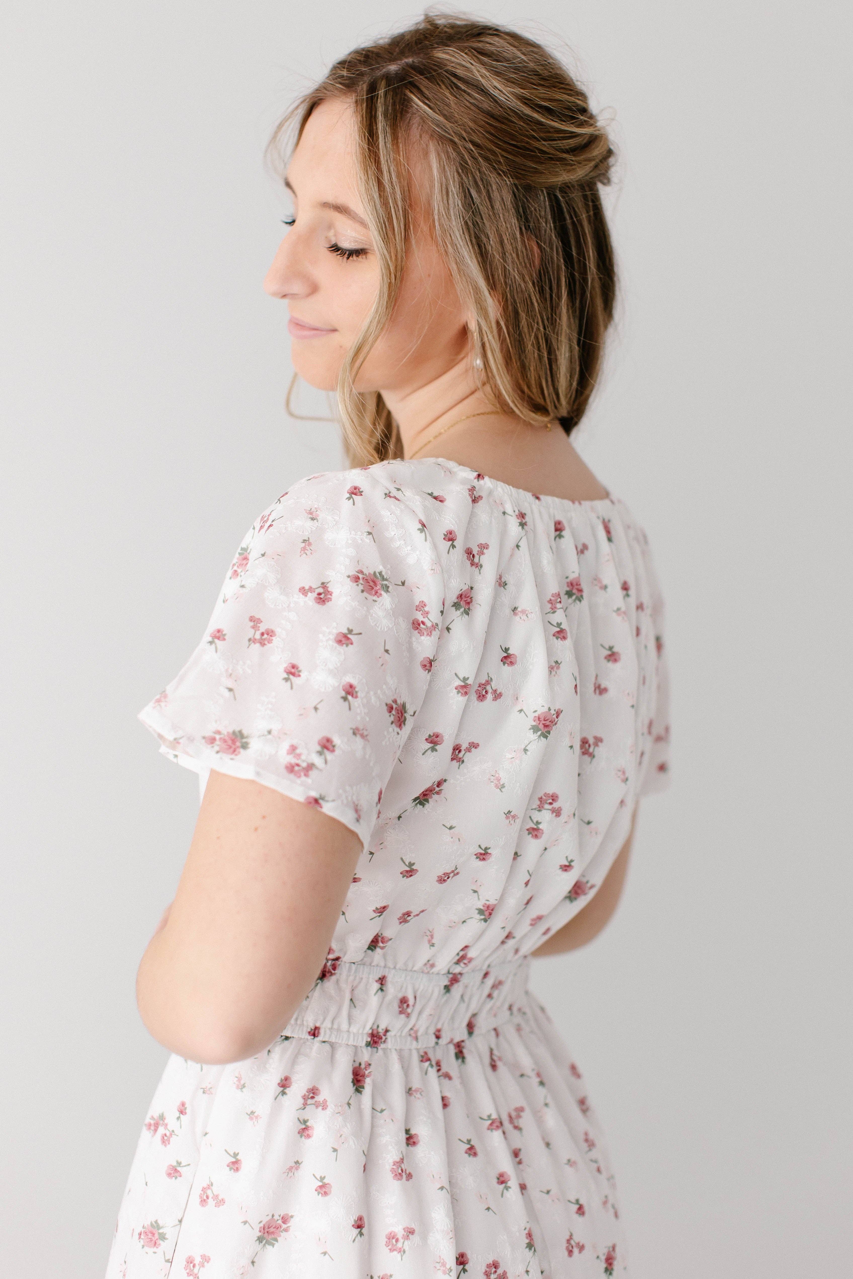 White 'Cynthia' Embroidered Floral Print Dress for wholesale on Faire4