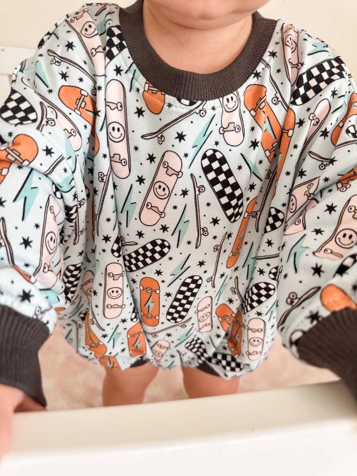 Addie Joy company - Wholesale Bodysuit (Non-Footed) - Baby - Oversized Cozy Romper - Retro Skateboard1