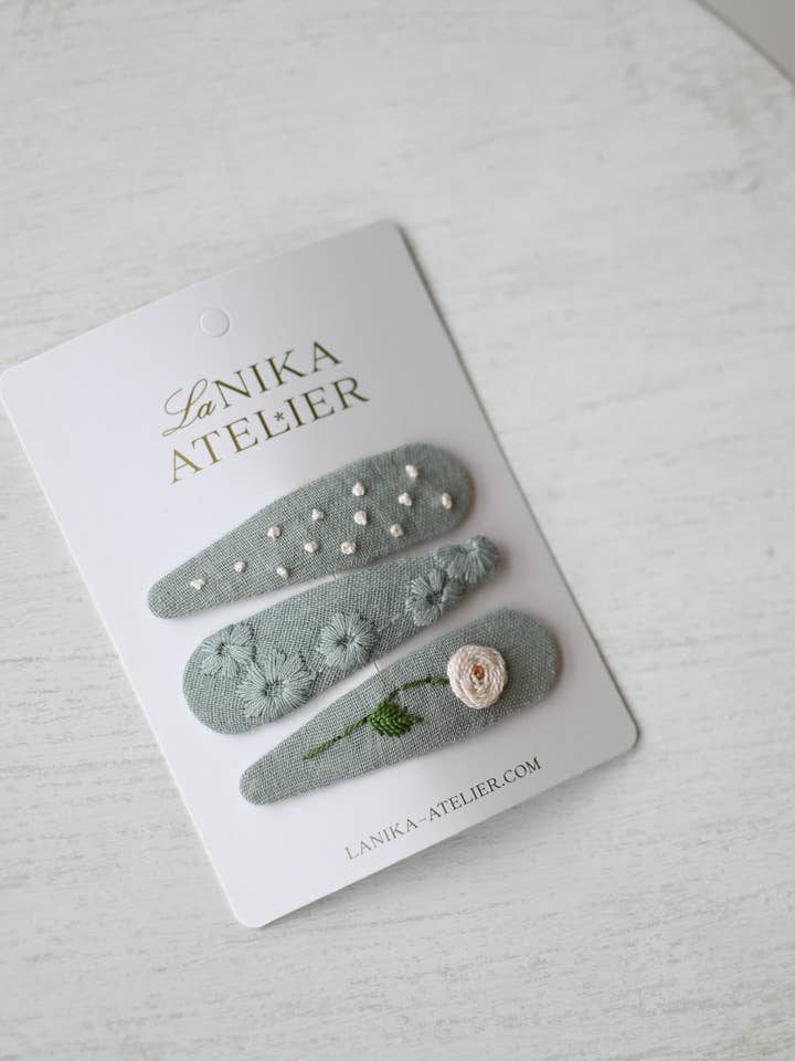 Hair clips mint TRIO, hand embroidered fabric snap clips for wholesale by Lanika Atelier, Nika Korošec s.p.