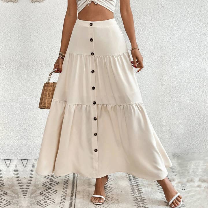 Apricot Stylish Elasticated Waist Button Panelled Maxi Skirt for wholesale on Faire