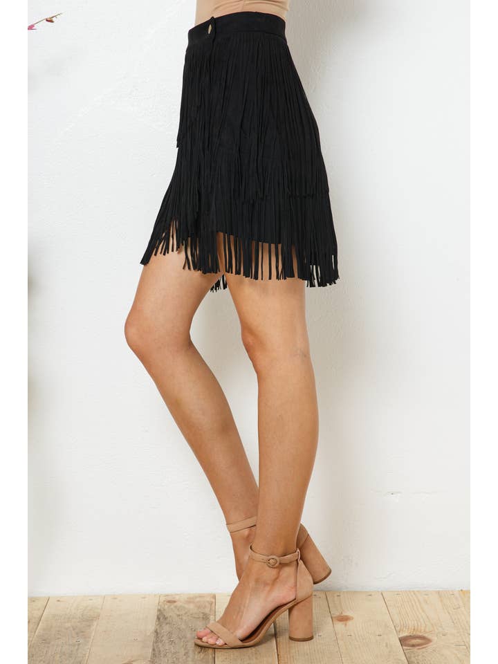 TAN 12135S-N - Faux Suede Wrap Snap Closure Fringe Western Skirt for wholesale on Faire7