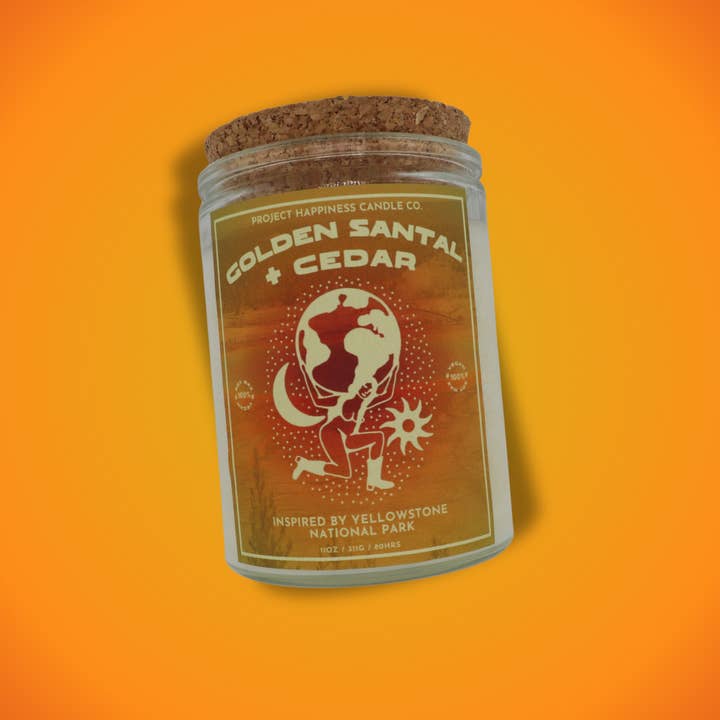 Golden Santal and Cedar Soy Candle- Yellowstone National Park 11oz for wholesale by Project Happiness Candle Co.