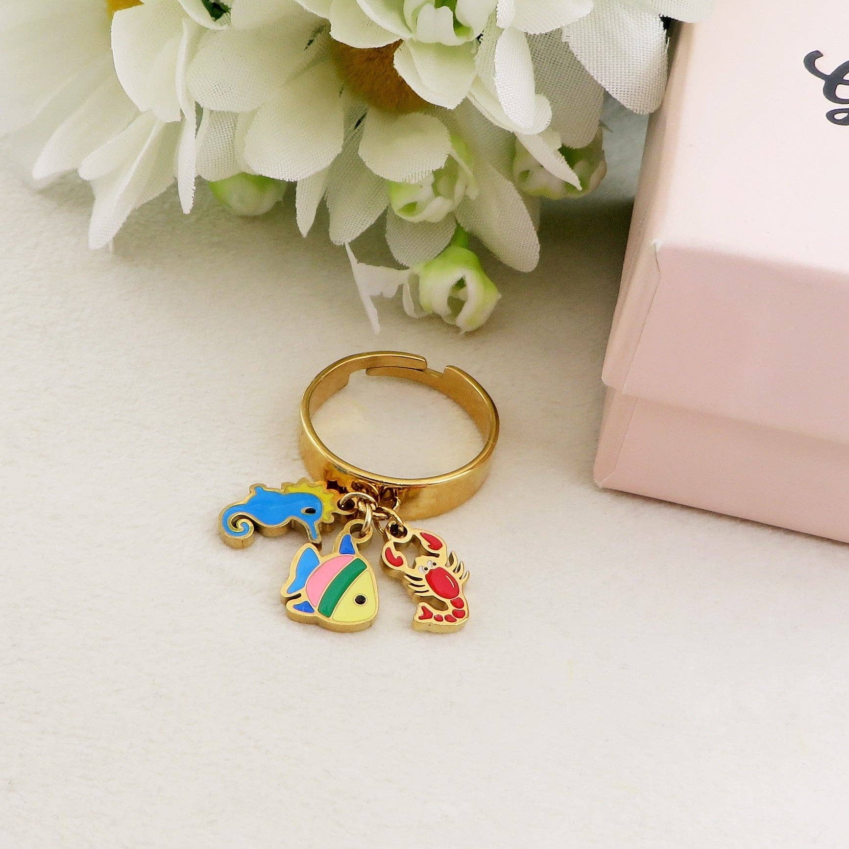 Daemon srls - Vente Anneau/bague à empiler - POLINESIA ~ Bague réglable en ACIER INOXYDABLE avec pendentifs marins émaillés0