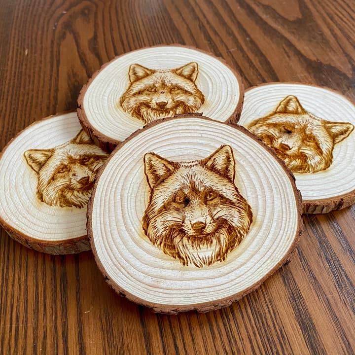 Engraved Wood Fox Coasters for wholesale by Munsell Made