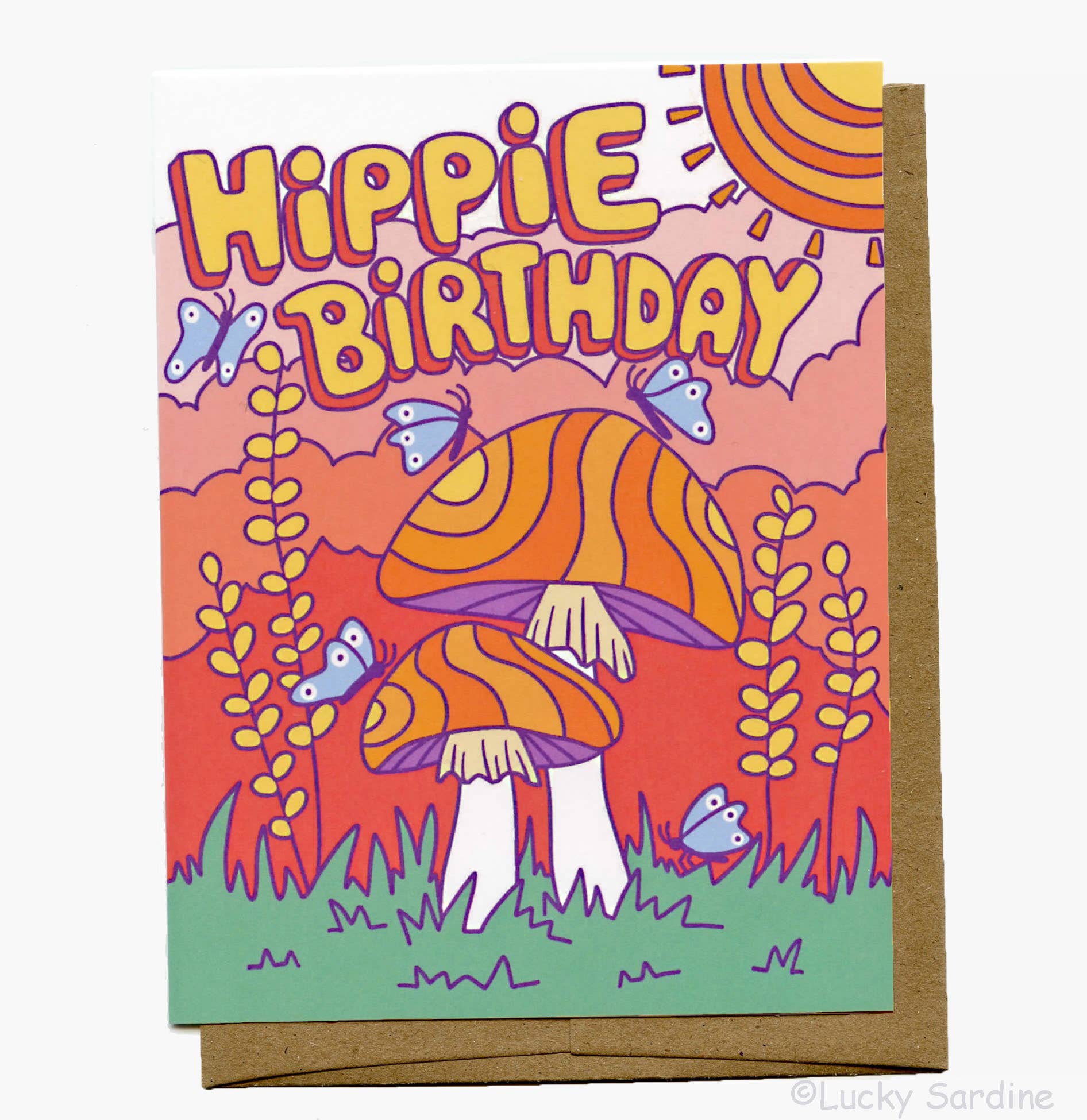 Lucky Sardine - Wholesale Birthday Card - Hippie Birthday, Groovy Retro Butterfly & Mushroom Card1