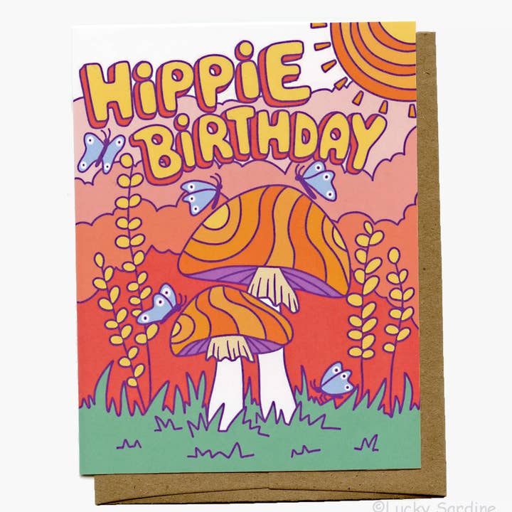 Lucky Sardine - Wholesale Birthday Card - Hippie Birthday, Groovy Retro Butterfly & Mushroom Card1