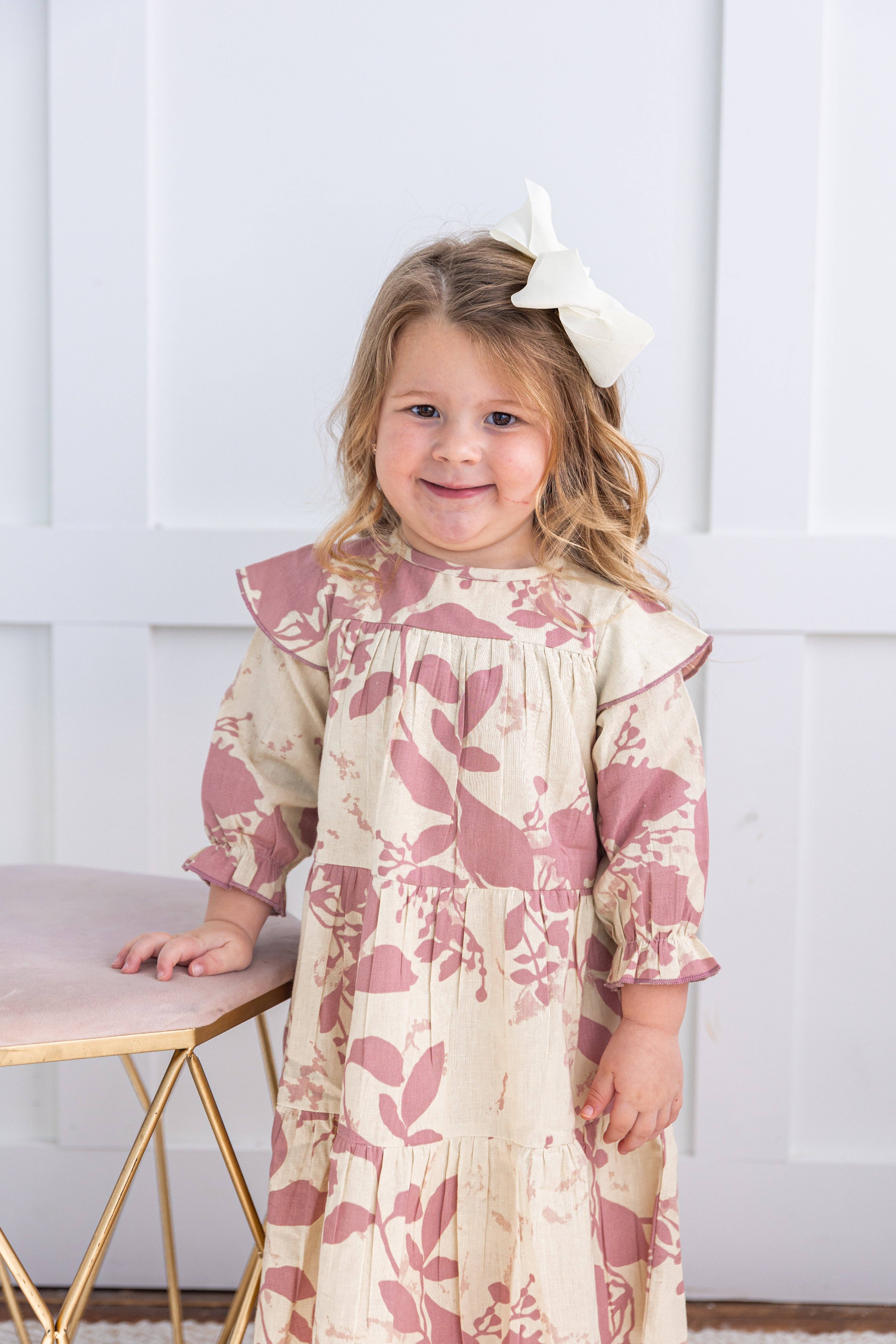 Yo Baby - Wholesale Dress - Kids - Dark Pink Leaf Printed Tiered Long Sleeve Dress5