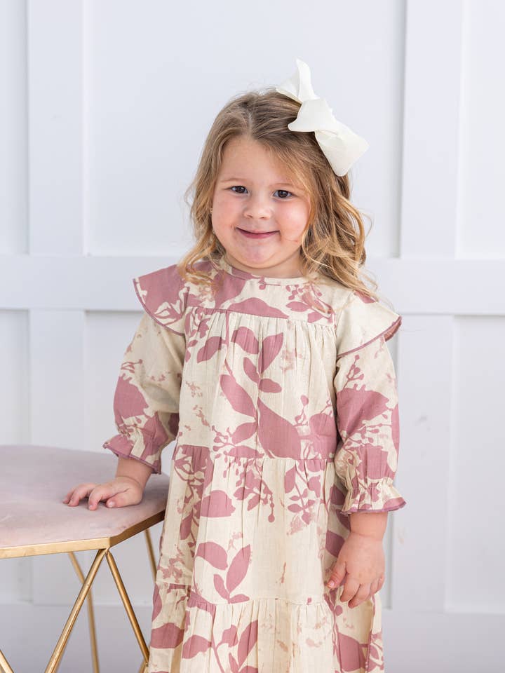 Yo Baby - Wholesale Dress - Kids - Dark Pink Leaf Printed Tiered Long Sleeve Dress5
