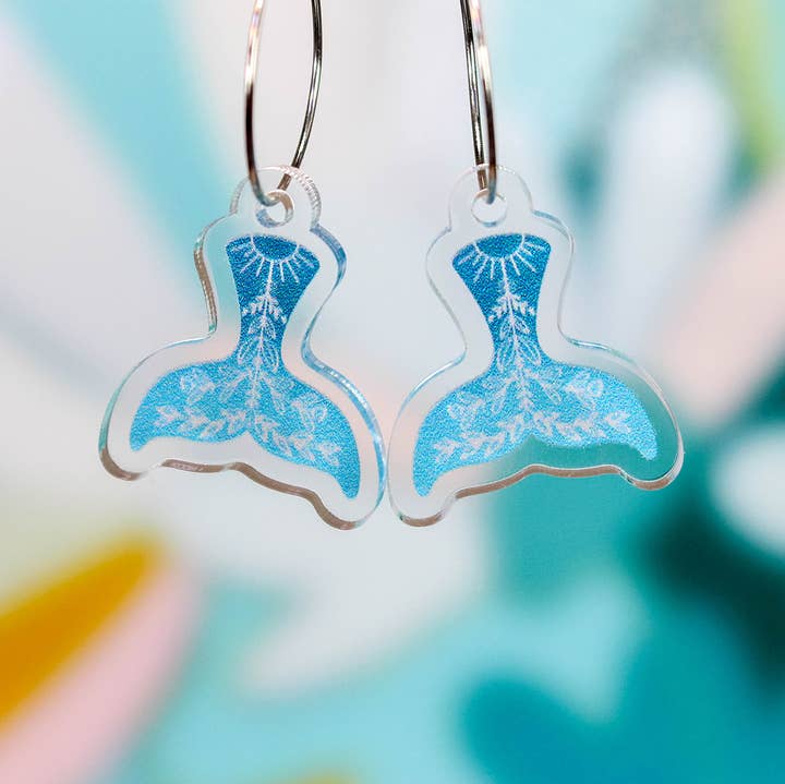 Paper Pattern Silk - Wholesale Dangle Earrings - Folk Art Teal Whale Tail Earrings3