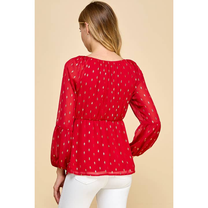 RED GOLD FOIL DOT CHIFFON LONG SLEEVE TWIST BODICE TOP T8262110F for wholesale on Faire