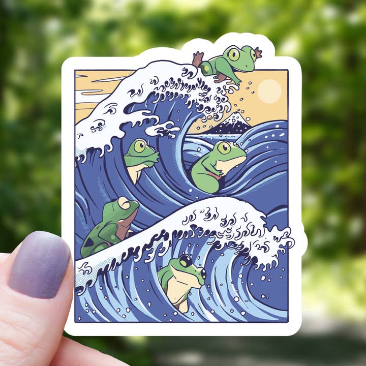Autocollant Frogs Riding Big Wave, 3 po pour la vente par Mimic Gaming Co