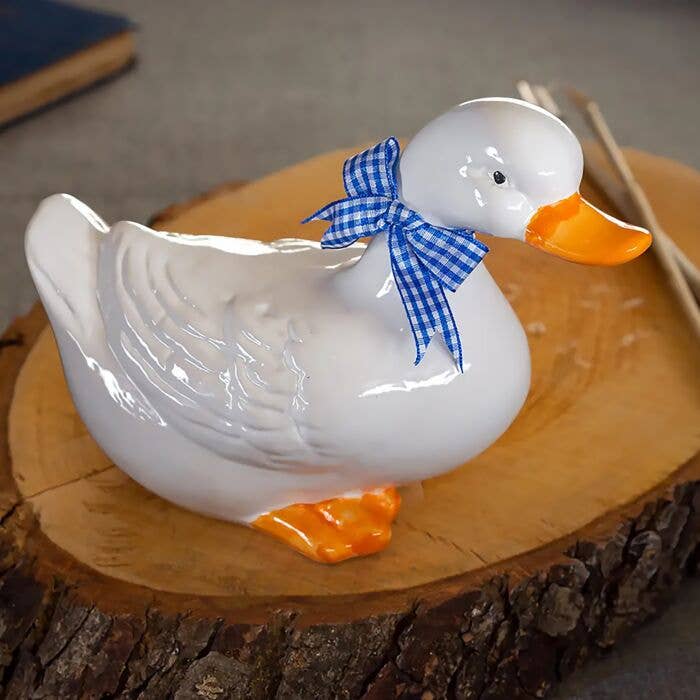 STP - Wholesale Decorative Figurine - White Goose with Blue Bow Large Ceramic Figurine