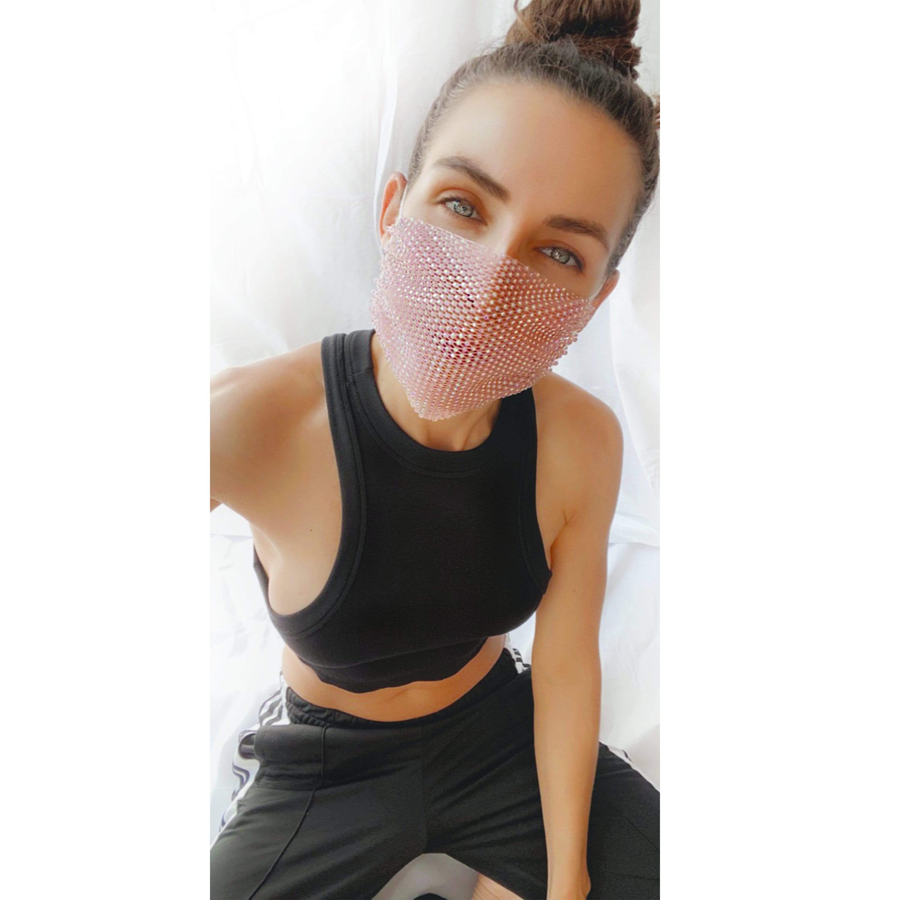 $$$ Honey Rose Gold Pink Crystal Mesh Jewel Face Mask With Adjustable Loops for wholesale on Faire3