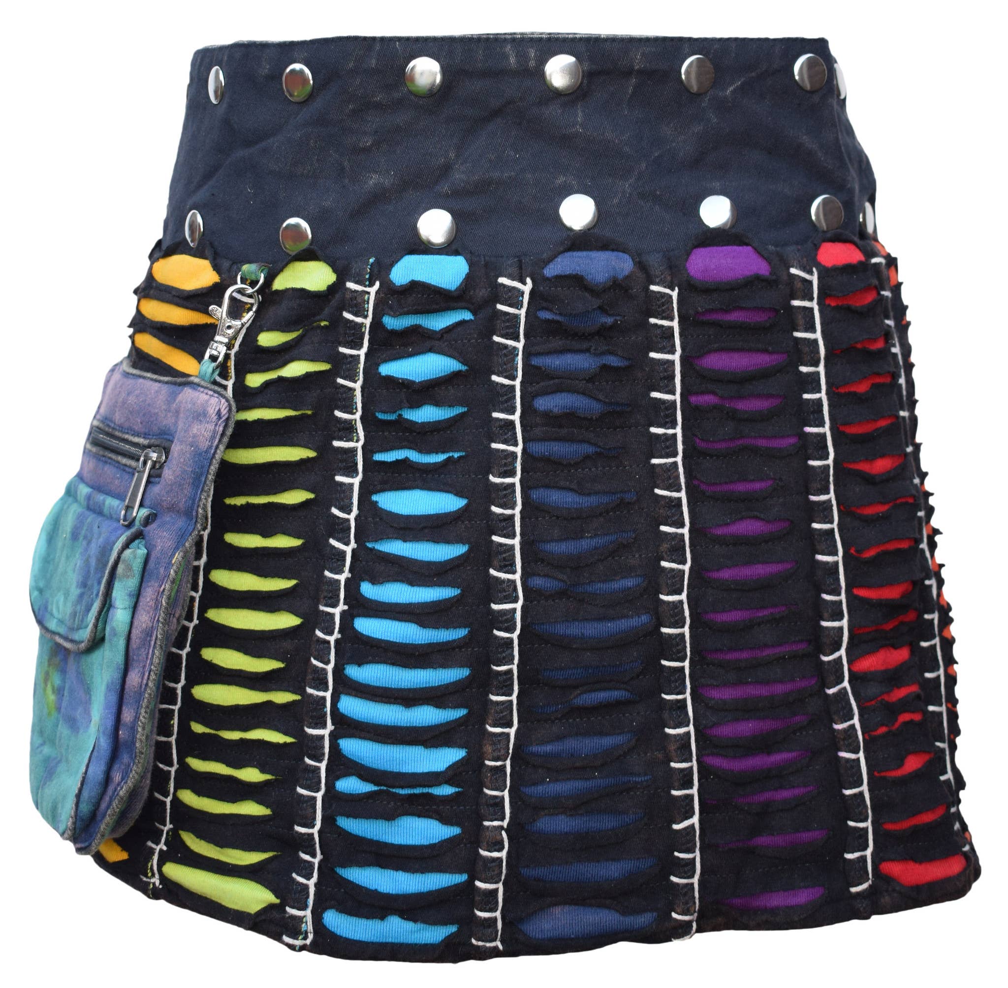 Gheri - Wholesale Skirt - Women's - Reversible Cotton Boho Short Popper Mini Skirt Black Rainbow2