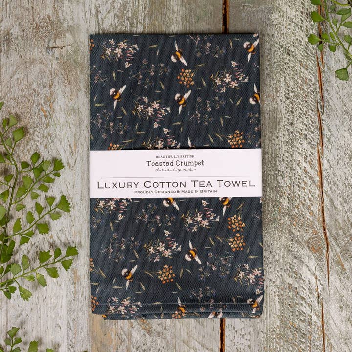 Bee & Honeysuckle (Noir) Tea Towel for wholesale by Toasted Crumpet