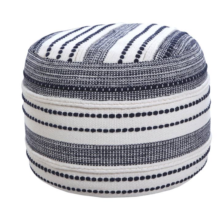 Blue White Navy and Ivory Seaside Striped Textured Pouf Ottoman for wholesale on Faire