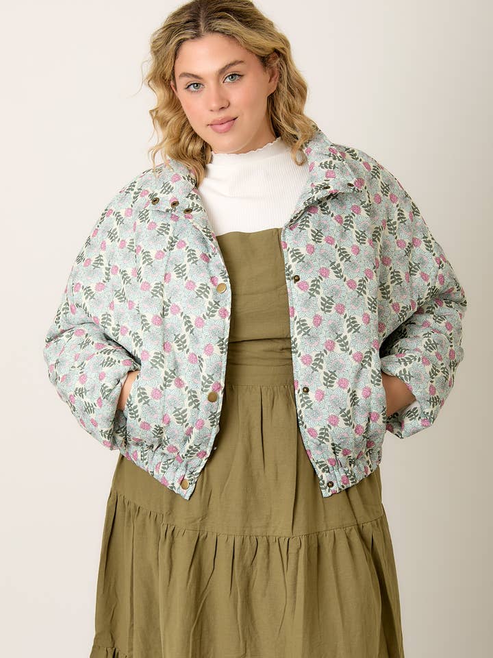 ETHNIC FLORAL PRINT PUFFER JACKET for wholesale by Polagram by Wellmade USA