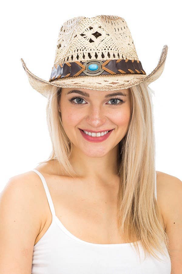 AS ASHOWN Turquoise Brown Band Concho Western Cowboy Hat for wholesale on Faire1