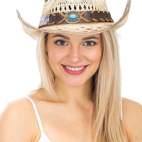 AS ASHOWN Turquoise Brown Band Concho Western Cowboy Hat for wholesale on Faire1