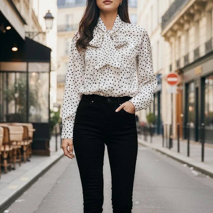 ELBLIV Italian One Size Ivory Polka-Dot Satin Bow-Tie Blouse for wholesale by LOOWIE