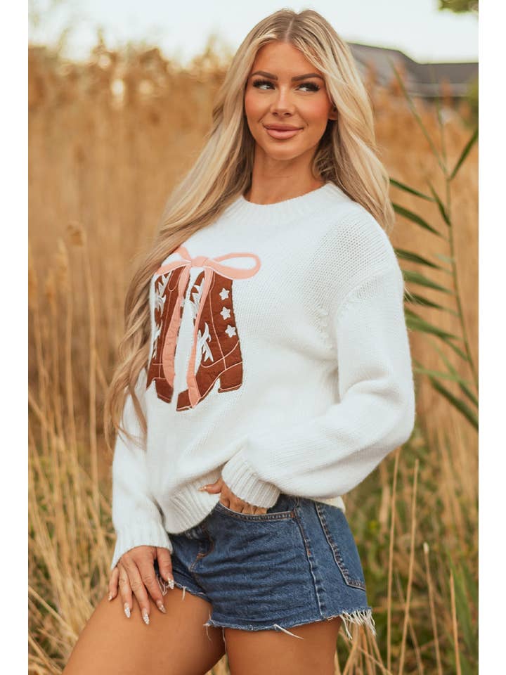 White Western Boots Bow Embroidered Drop Shoulder Sweater for wholesale on Faire2