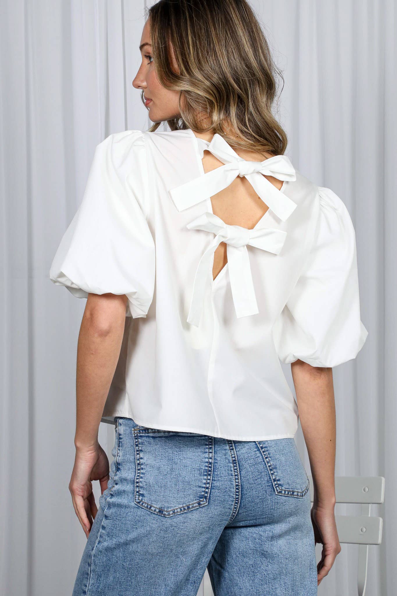 Vine & Love - Wholesale Blouse - Women's - Bubble Sleeve V-Back 2 Bow Detail Blouse Top VT8262115