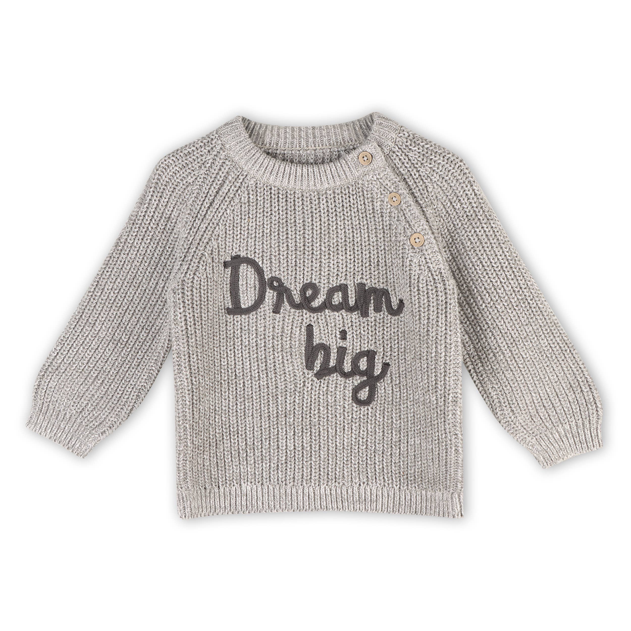 Heather Grey Dream Big Embroidered Chunky Knit Baby Sweater (Organic) for wholesale on Faire