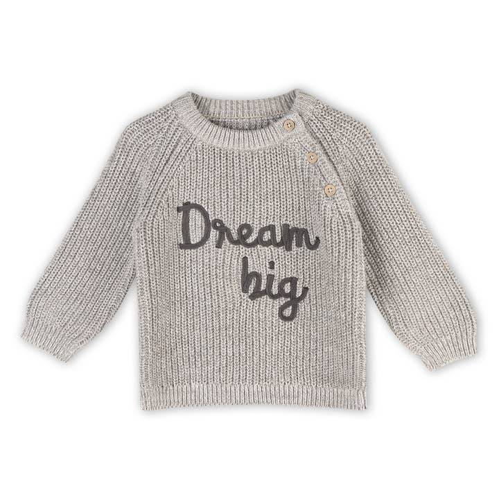 Heather Grey Dream Big Embroidered Chunky Knit Baby Sweater (Organic) for wholesale on Faire0