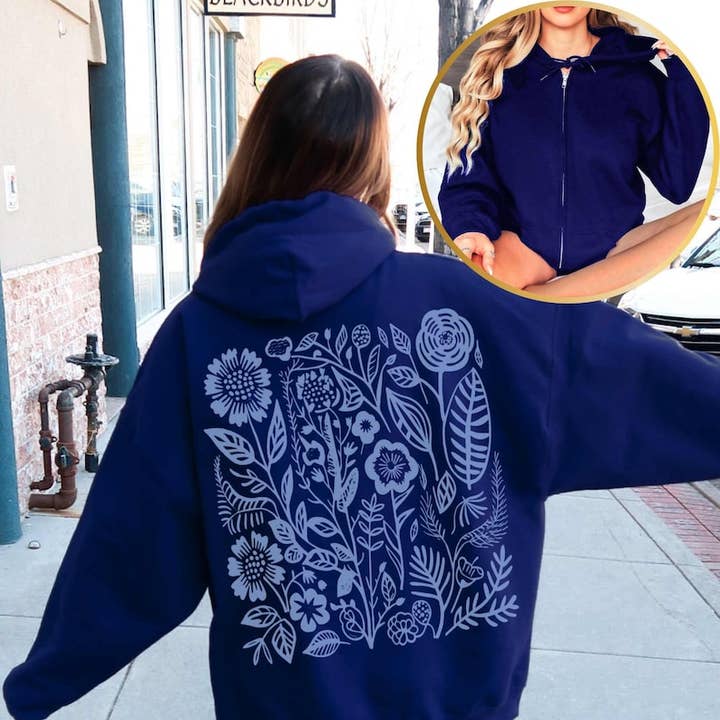 Blue Wildflower Zip Up Hoodie | Graphic Floral Hoodie for wholesale by Sisterly Gifts Shop