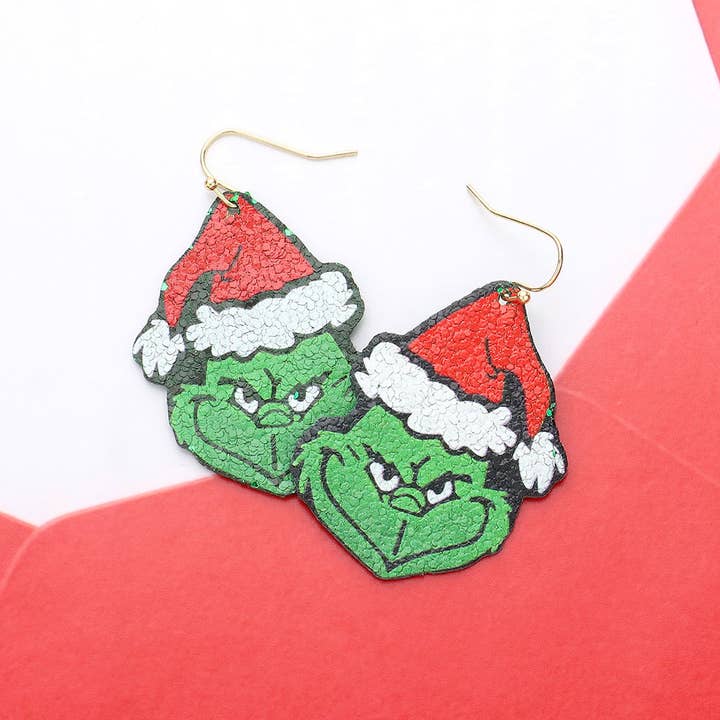 Wona Trading, Inc. - Wholesale Dangle Earrings - Glittered Grinch Printed Dangle Earrings