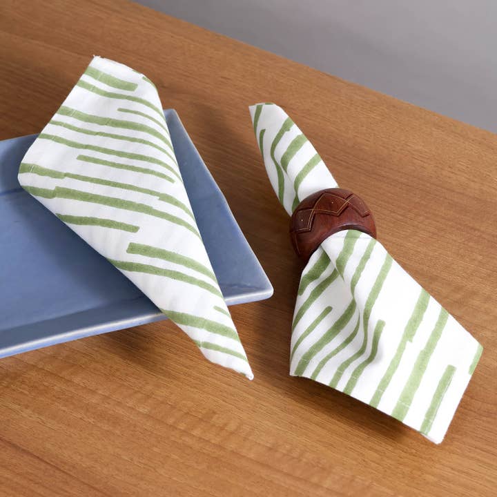 Set van 2 servetten met blokprint in streeppatroon - Groen voor wholesale door Eyaas