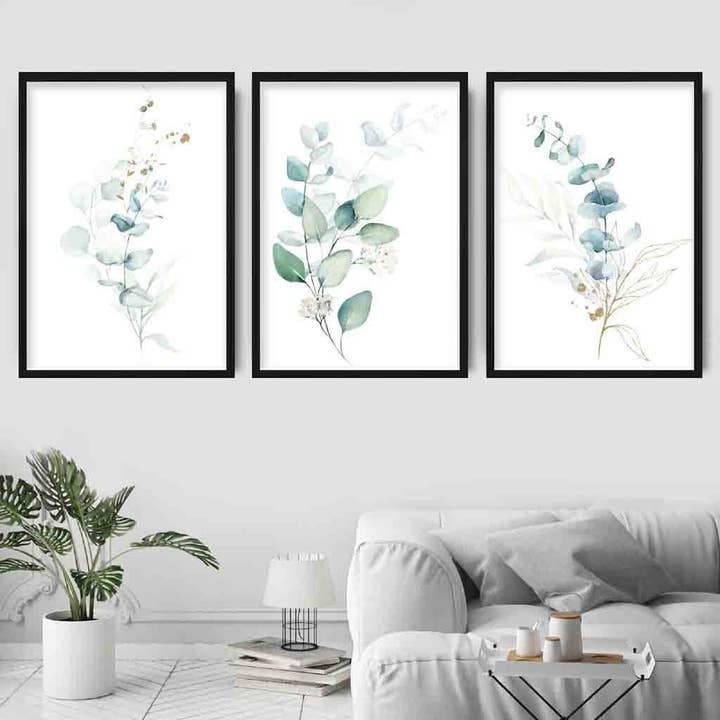 FLORAL sæt med 3 eukalyptus blå grøn og guld splash udskrifter for engroshandel hos Artze Wall Art