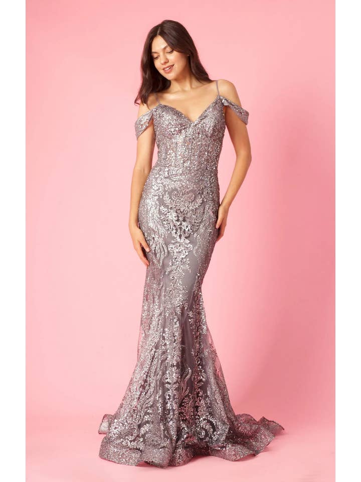 Kos Couture - Wholesale Gown - Women's - Off Shoulder Sequin Corset Formal Dress Gold