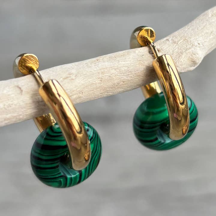 18ct Gold Plated Malachite Doughnut Earrings for wholesale by Ocean Ripples